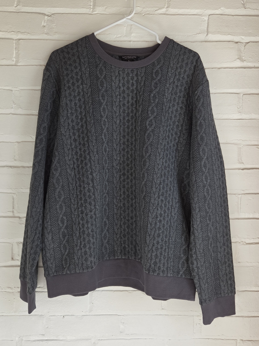 Liverpool Los Angeles Mens Cable Knit Crew Neck Pullover Shirt Gray Sz L